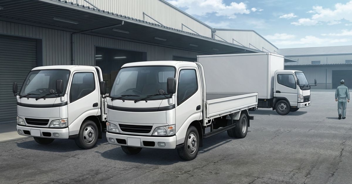 2トントラックの標準とロング、平ボディと箱車で大きさの印象が変わる比較イメージ