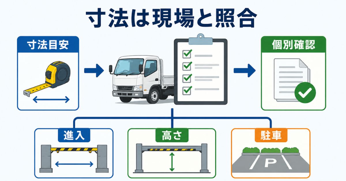2トントラックの寸法目安を進入・高さ・駐車の現場条件と照合して判断する流れの図解