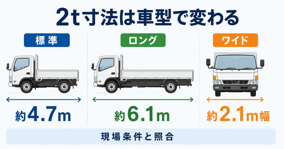 2トントラックの標準・ロング・ワイドで全長や全幅の目安が変わることを示す図解