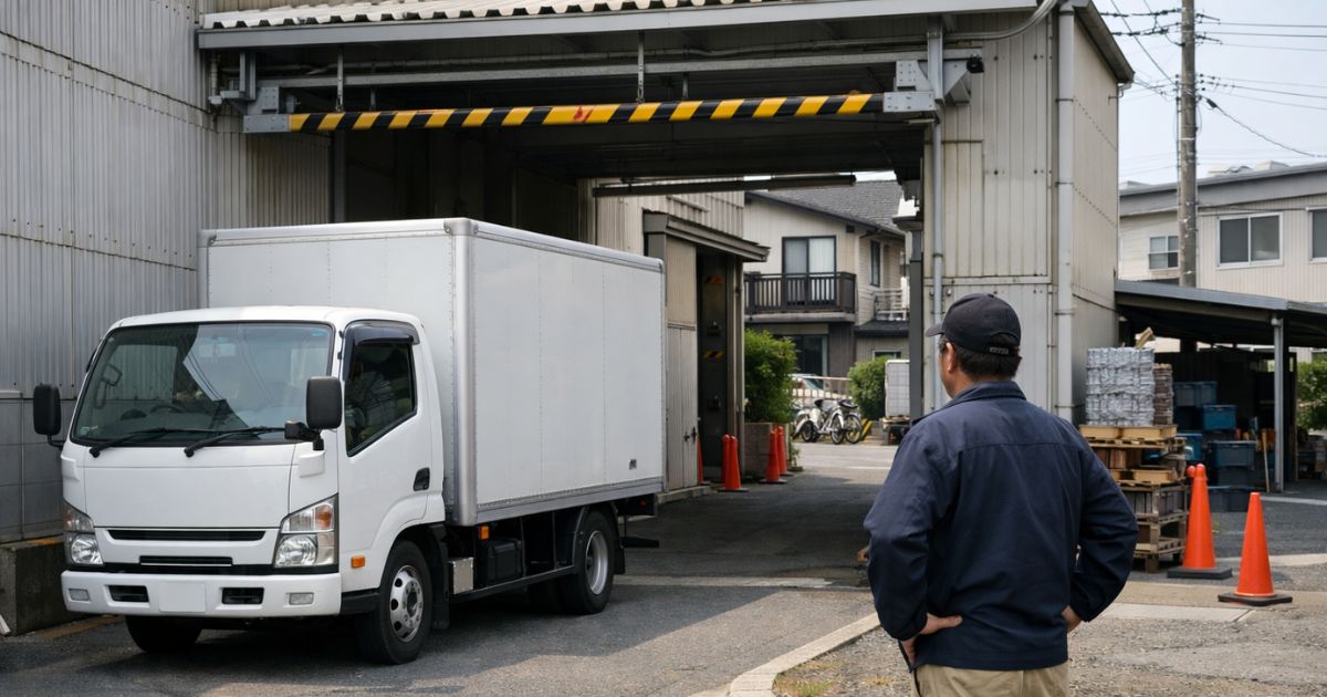 2トントラックが搬入前に進入口や高さや停車位置を確認している現場イメージ