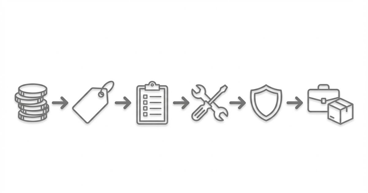 激安中古2トントラックの見分け方を手順で示すイメージ。価格だけでなく、安い理由の確認、整備費を含む購入総額、故障時に業務が止まるリスクで判断する流れを表現