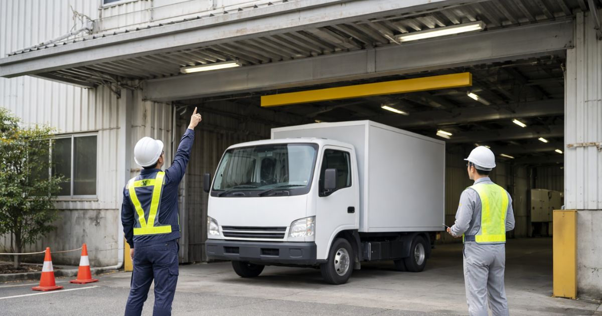 高さ条件が厳しい入口で2トントラックの進入可否と停車位置を確認している現場イメージ