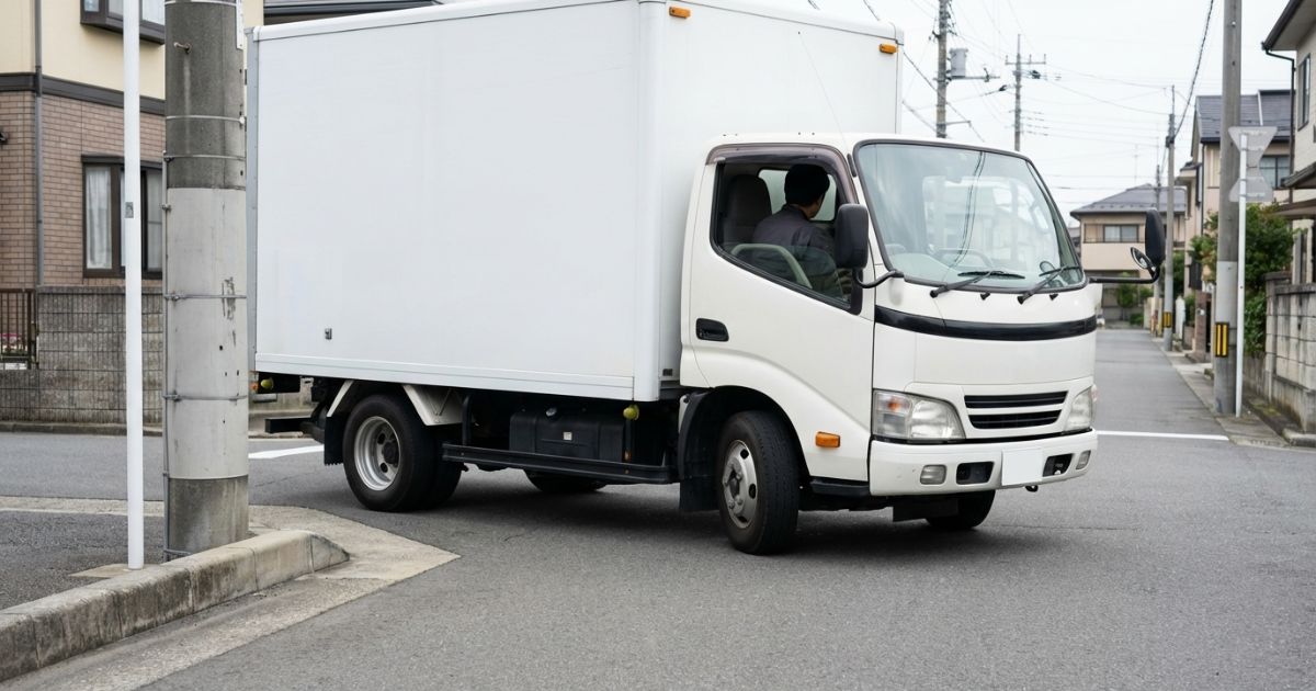 右左折の前に進入位置を整えて減速し、ミラー確認をしてから曲がろうとしている2トントラックの場面