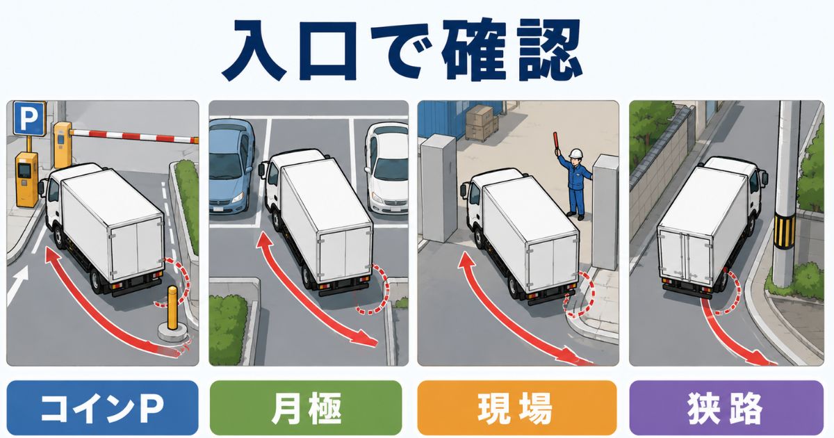 2トントラックの内輪差をコインパーキングや月極駐車場や現場入口で確認する図解