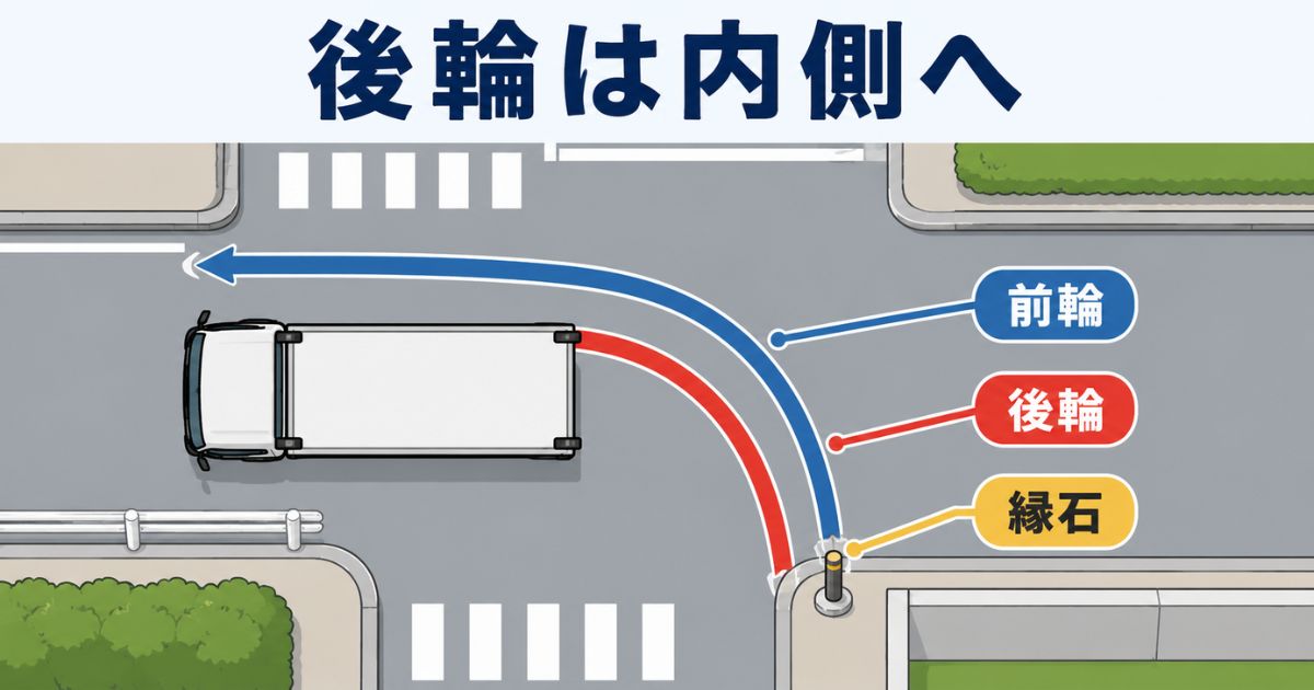 2トントラックの左折時に前輪ラインより後輪ラインが内側を通ることを示した図解