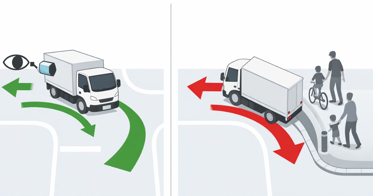 2トントラックの右左折で安全な行動と避けたい行動を比較した図