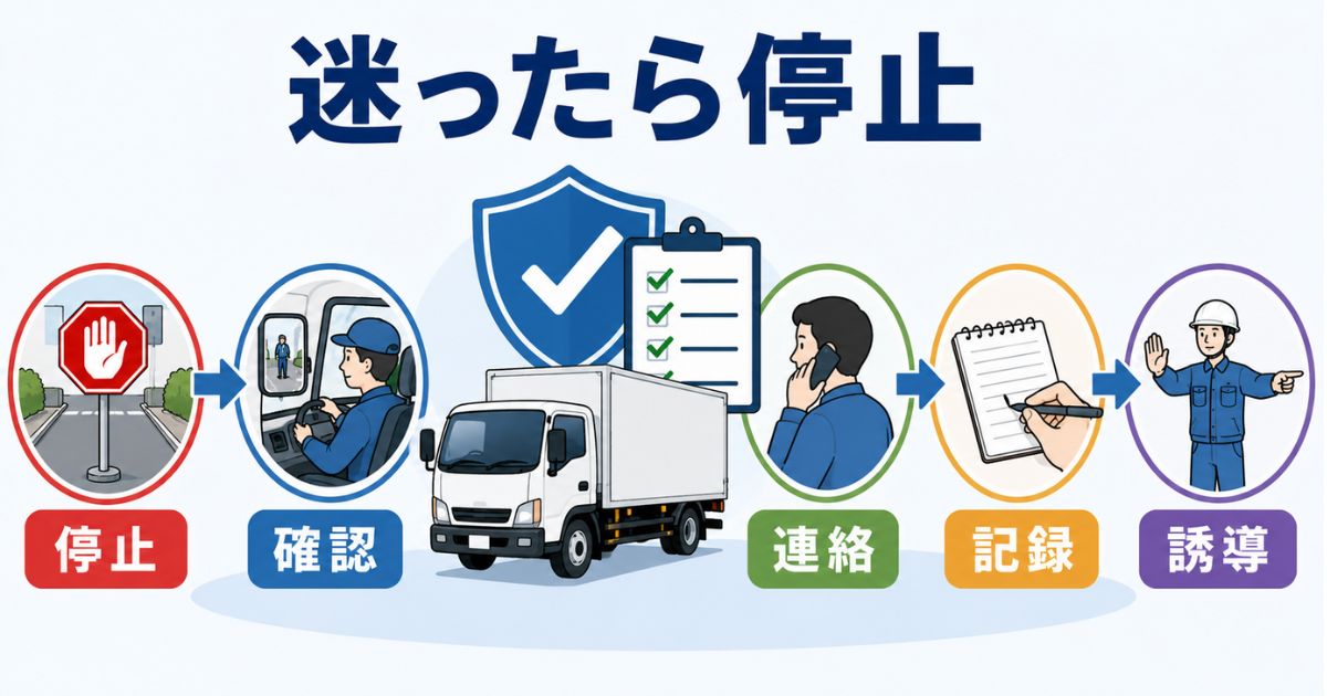 2トントラックで内輪差や死角に迷ったときに停止して確認する流れを示した図解