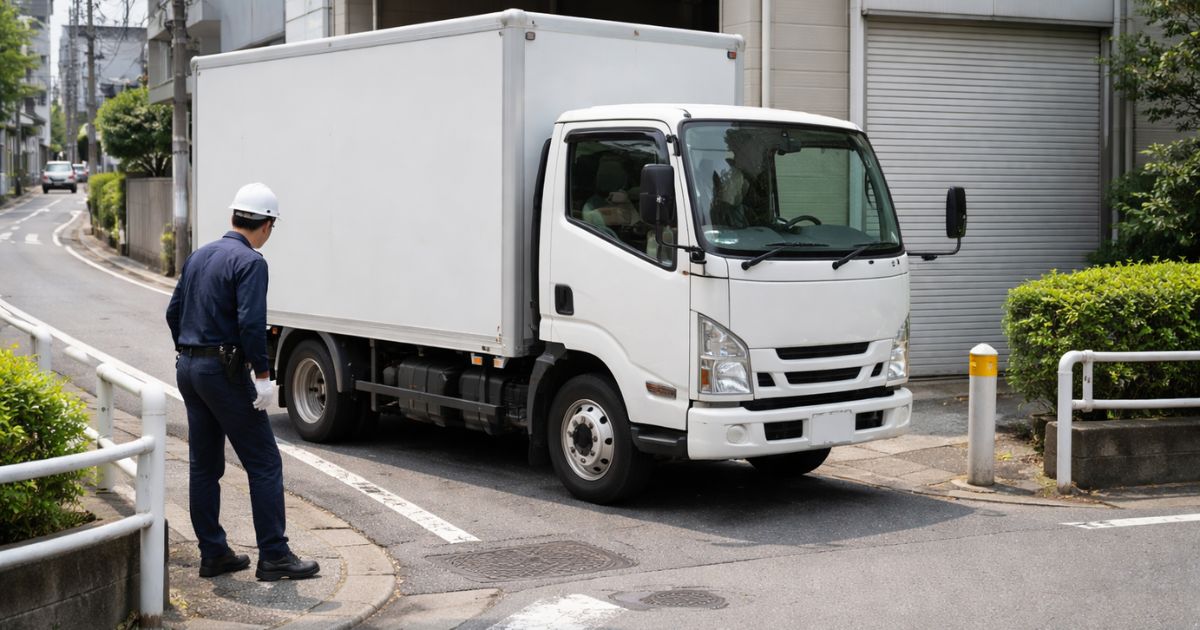 2トントラックが狭い交差点手前で停止して安全確認している現場イメージ