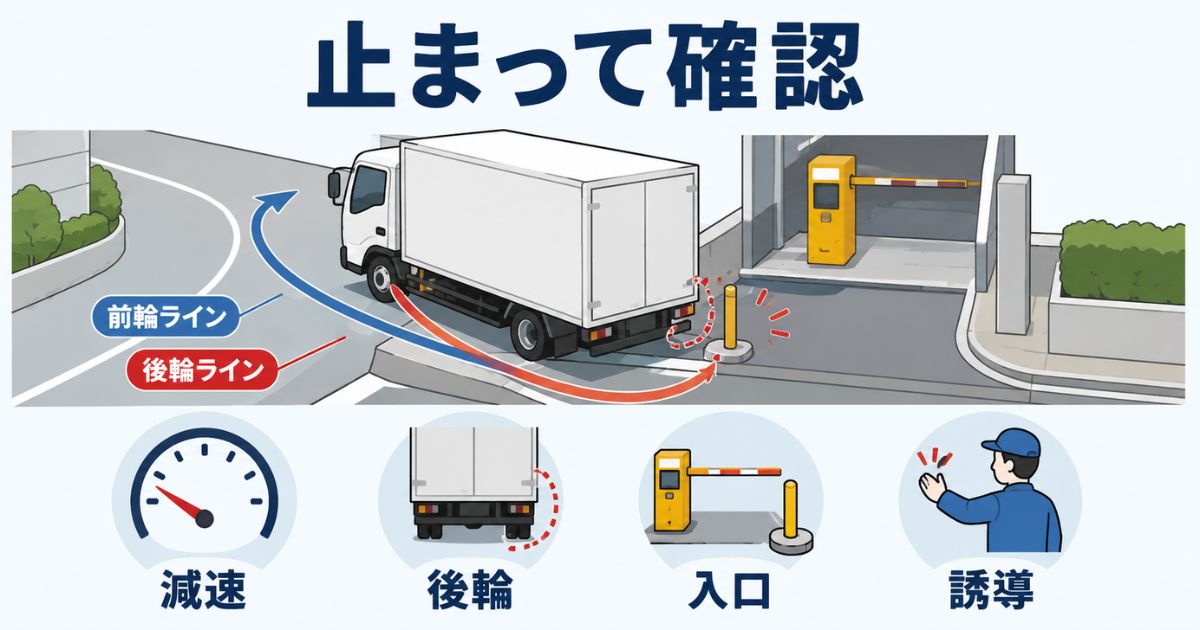 2トントラックの内輪差で接触を避けるために曲がる前の減速や停止確認を示した図解