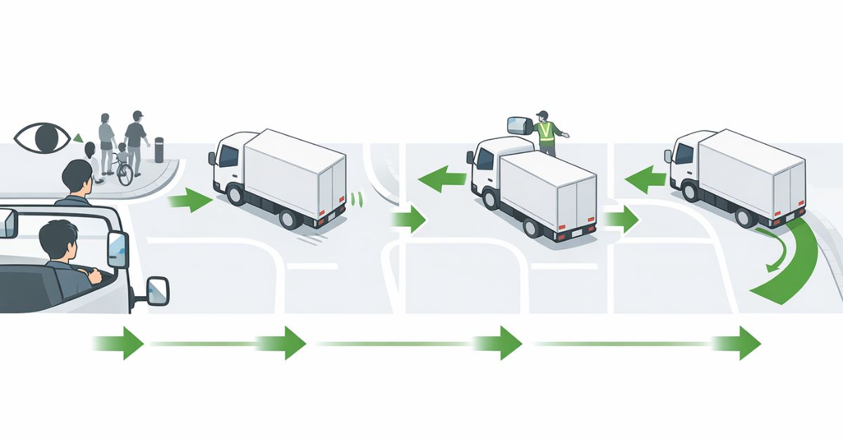 2トントラックが曲がる前に確認する安全手順を整理した図