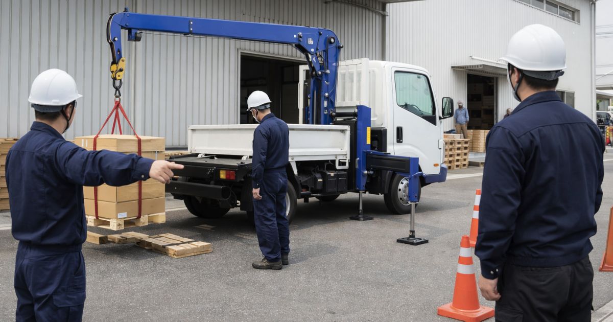 2tユニック作業前に安全確認している現場イメージ