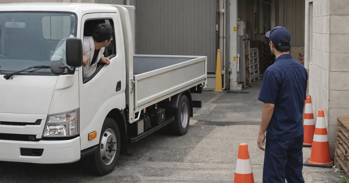 2トントラックが現場手前で停止して周囲確認している様子