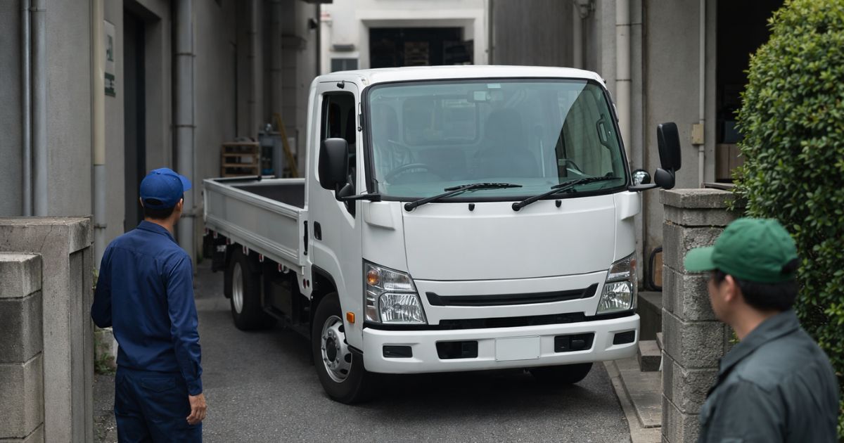 狭い現場で2トントラックの進入条件を確認している実務イメージ