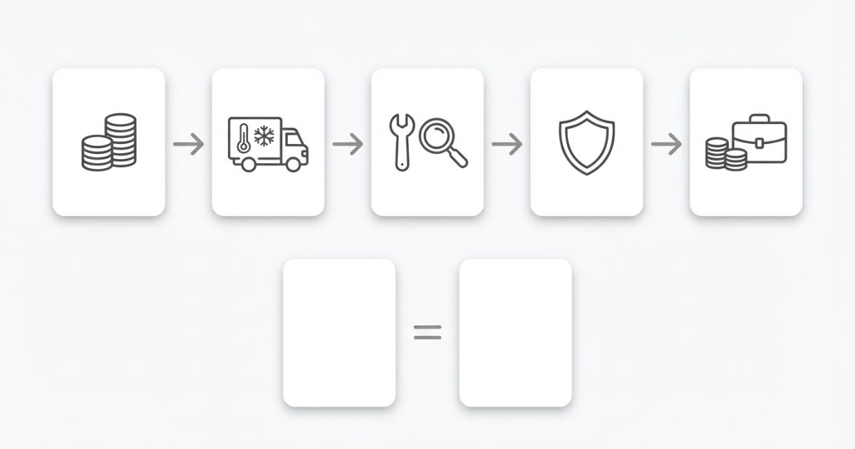 中古2トントラックの判断順（相場の見方→仕様一致→状態確認→保証→総コスト）を整理したフロー図