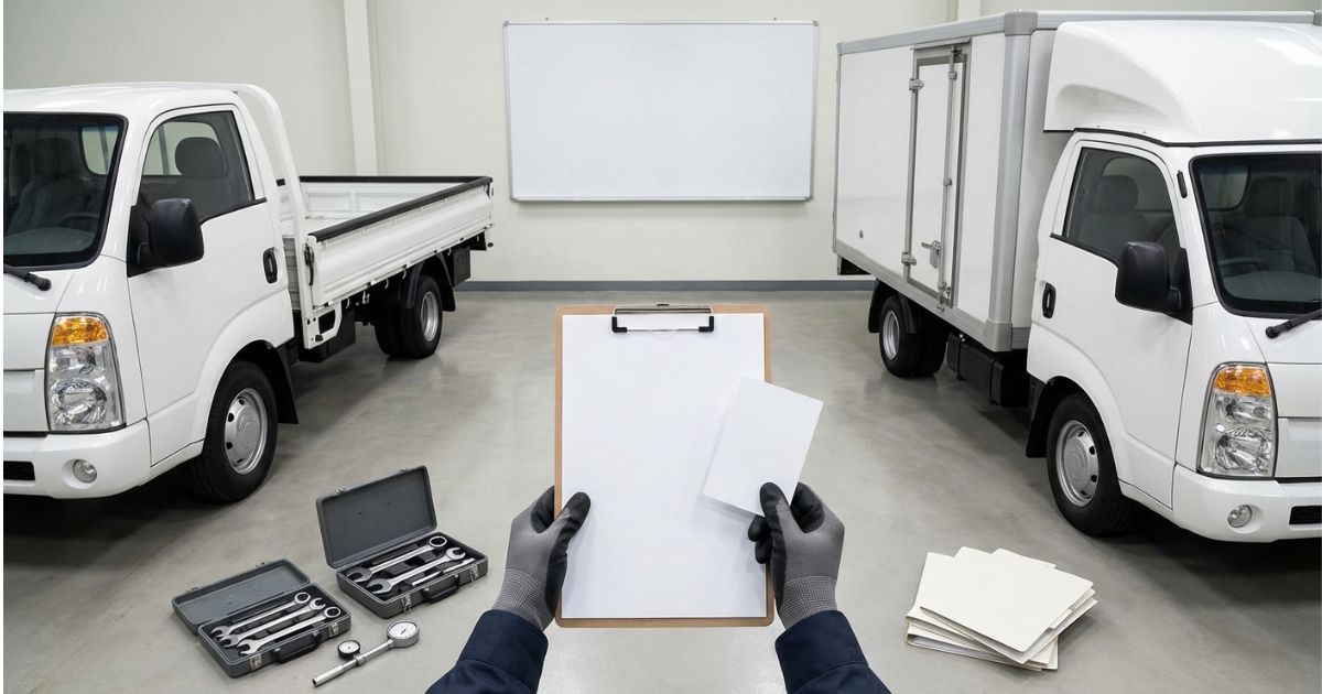 中古2トントラックを在庫比較しながら、年式や走行距離よりも仕様一致と状態確認を優先して選ぶ点検・選定シーン