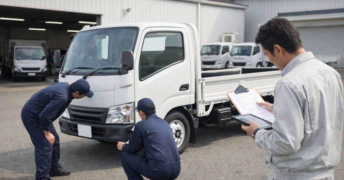 中古2トントラックの現車確認をしている実務現場のイメージ
