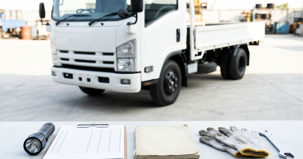 中古2トントラック購入前にチェックリストと整備記録を揃えて確認するイメージ。相場や年式だけで判断せず、状態と条件を点検する重要性を表現