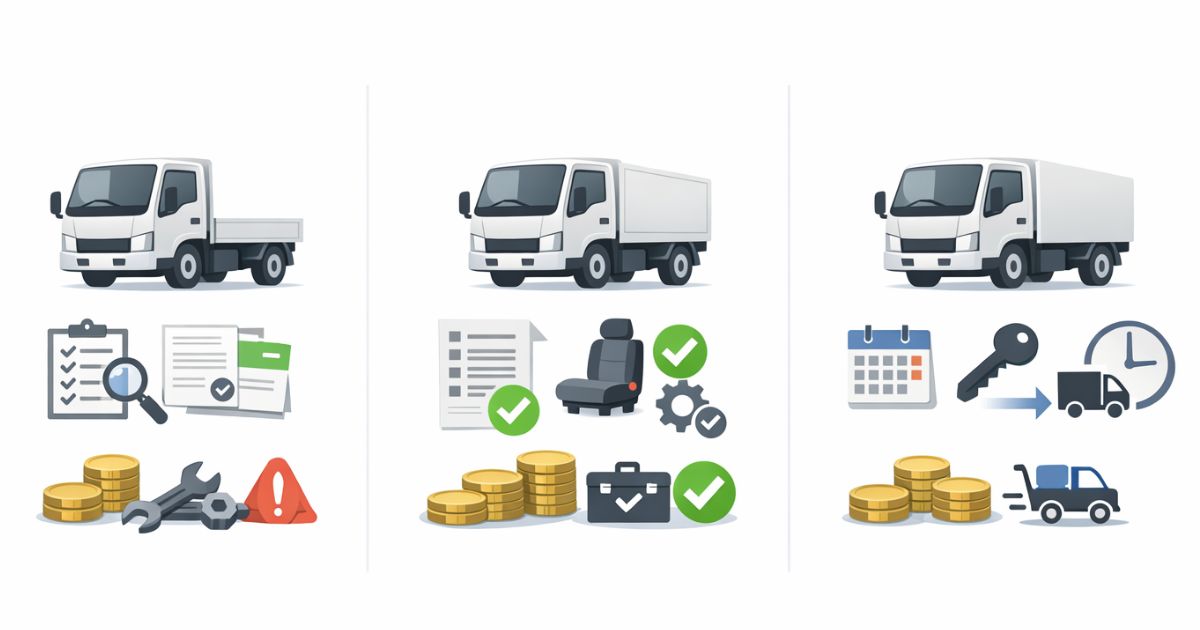 中古・新車・レンタルの違いを比較して判断軸を整理した図解