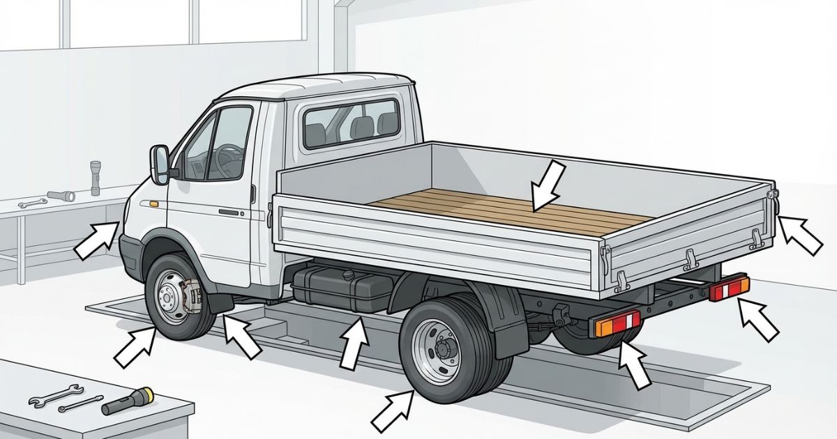 中古2トントラックの現車確認で見るべき箇所を示すイメージ。タイヤや下回り、荷台など状態確認ポイントを整理して比較条件を揃える意図を表現