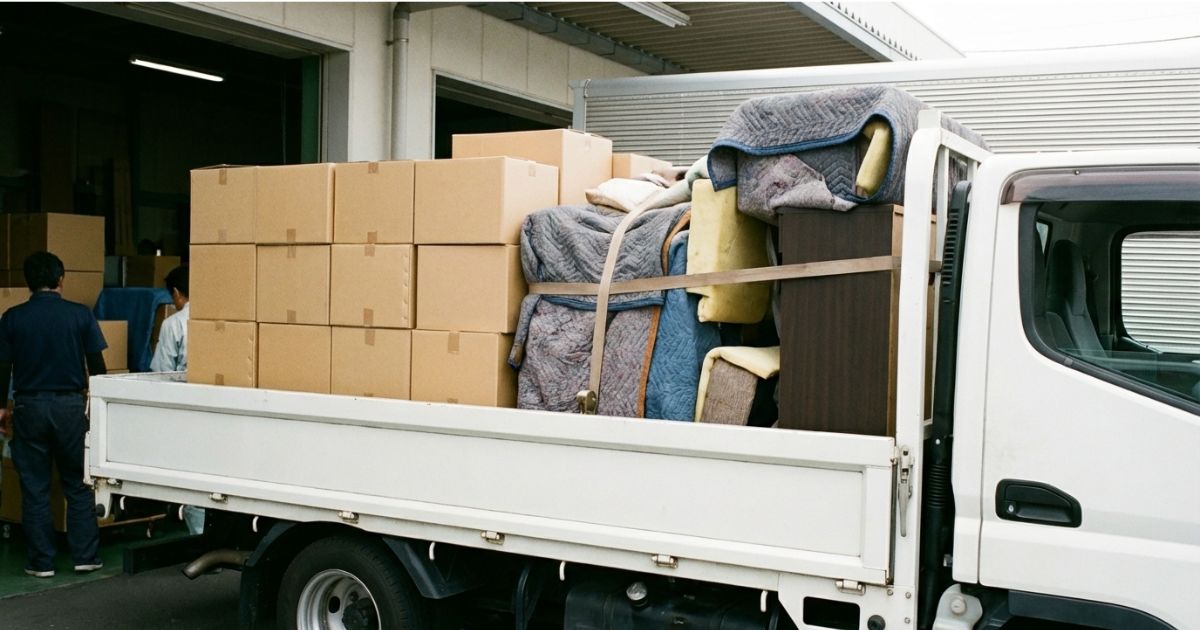 箱物と家具が混在し、養生や隙間ロスで実効立米が増える様子