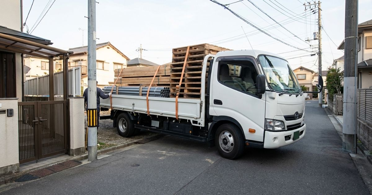 2トントラックのワイドロングが狭い進入路で曲がりと寄せを意識しながら現場へ入ろうとしている様子