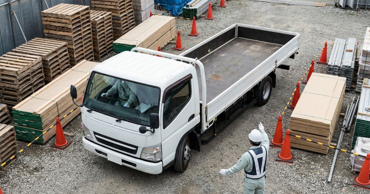2トントラックのワイドロングが現場内で停車位置へ寄せるために切り返ししているイメージ