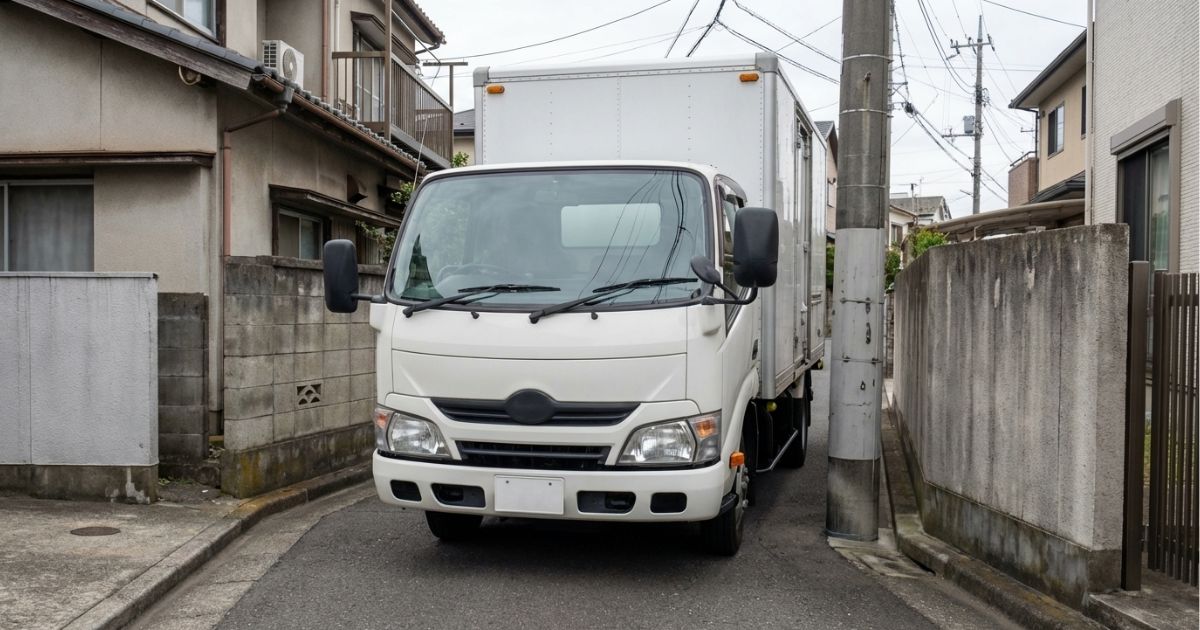 2トントラックが狭い道に進入する場面で、全幅よりミラーを含む実効幅が重要になるイメージ