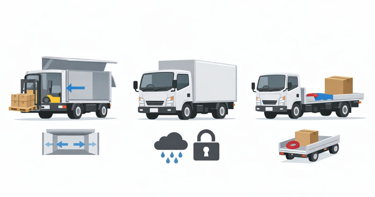 2トントラックのウイング車と箱車と平ボディの違いを比較した図解