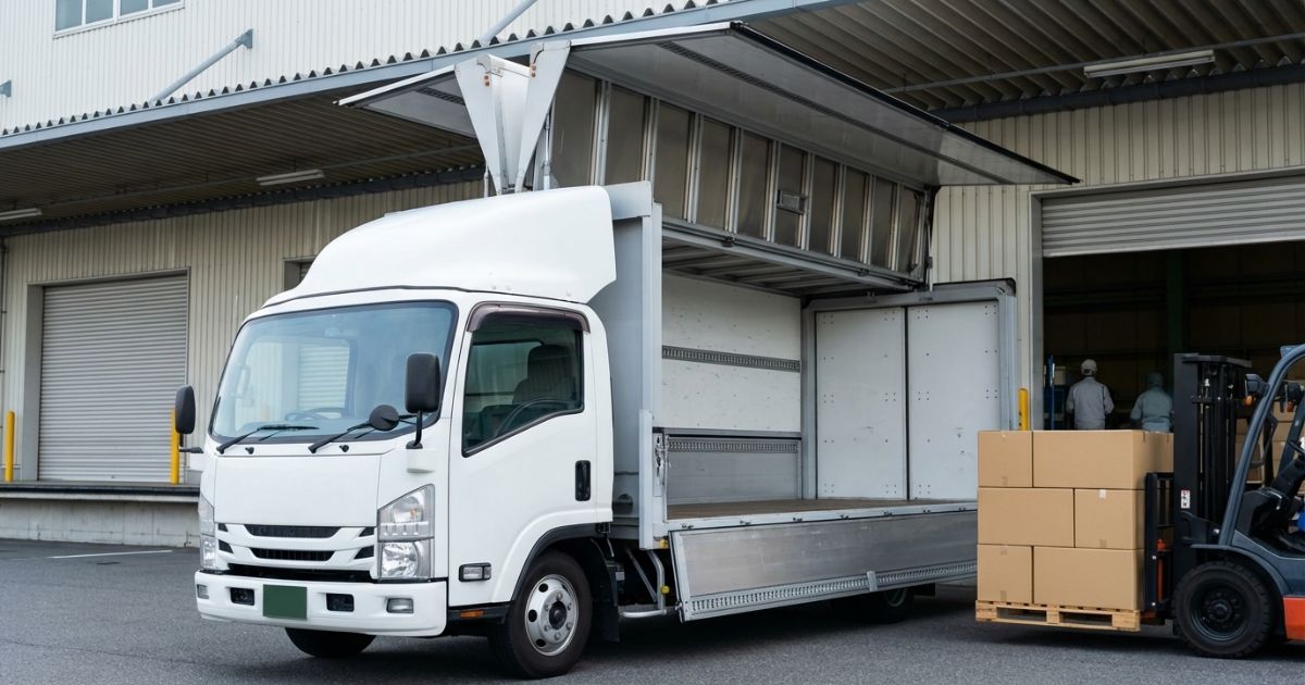 倉庫の搬入口で2トントラックのウイング車が側面を開け、フォークリフトが荷物を積み込む様子