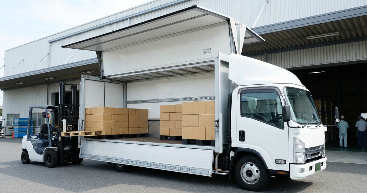2トントラックのウイング車が側面を開け、横付けで積み下ろしできる導線が分かる様子