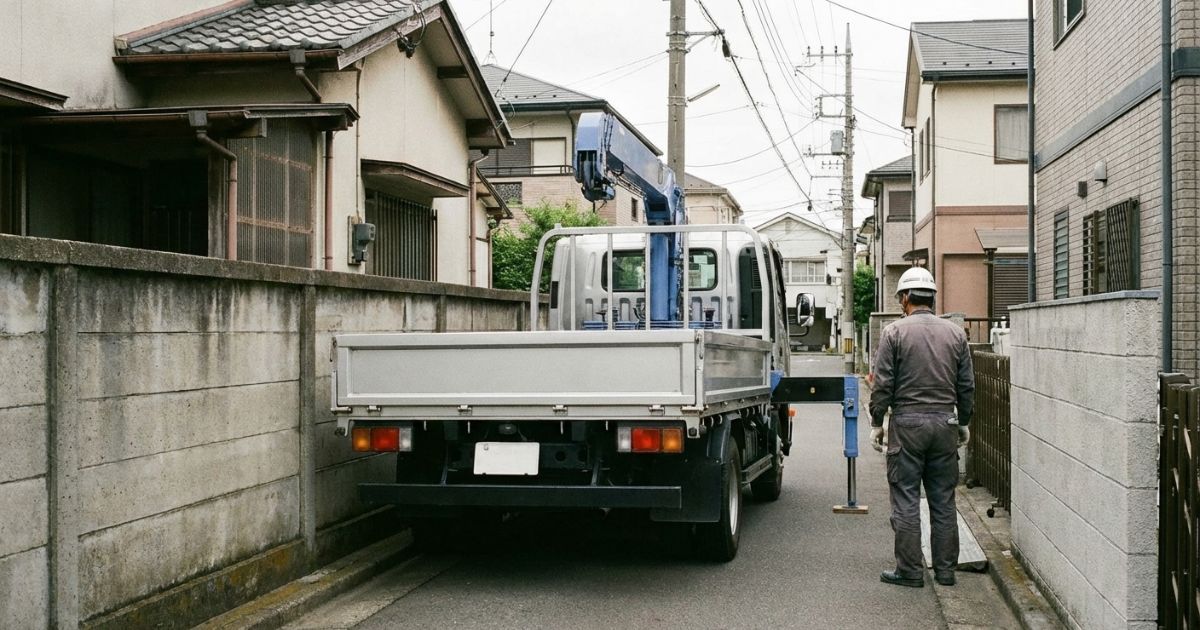 2tユニック車が停車位置でアウトリガー展開や設置寸法を確認している様子