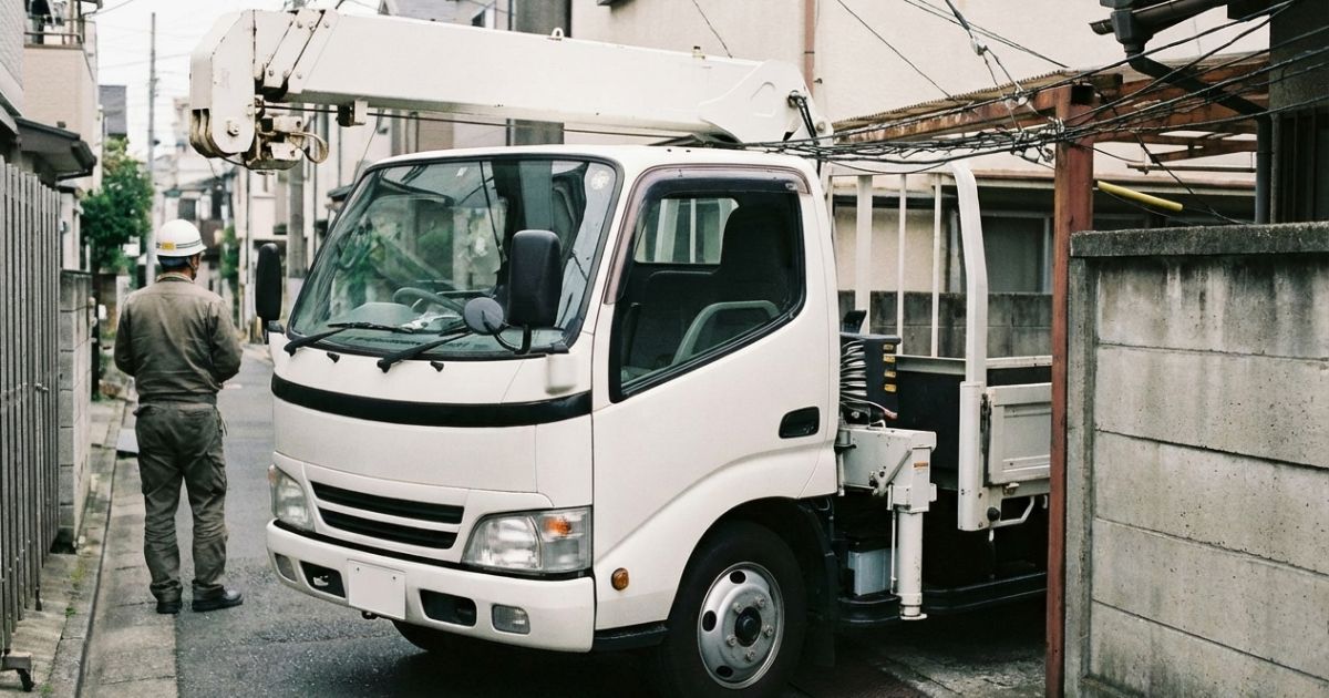住宅地の狭い進入路で2tユニック車が高さや幅の制限を確認しながら停車している様子
