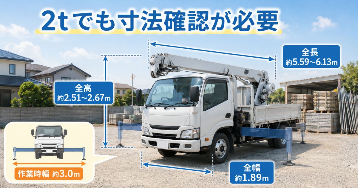 2tユニック車の全長・全幅・全高とアウトリガー作業時幅の目安
