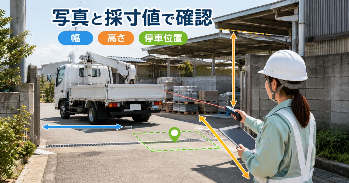 2tユニック車の手配前に道路幅や最低高さ、停車位置を測っている様子