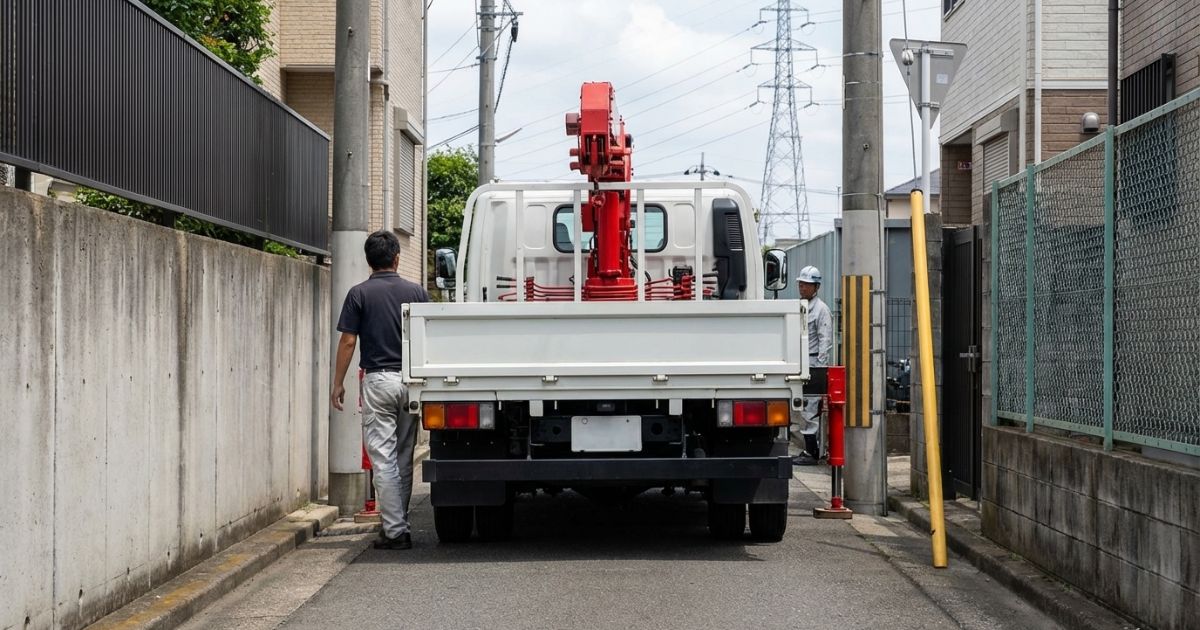 狭い現場で2tユニックが進入はできたものの、アウトリガー展開の余白を確認している様子
