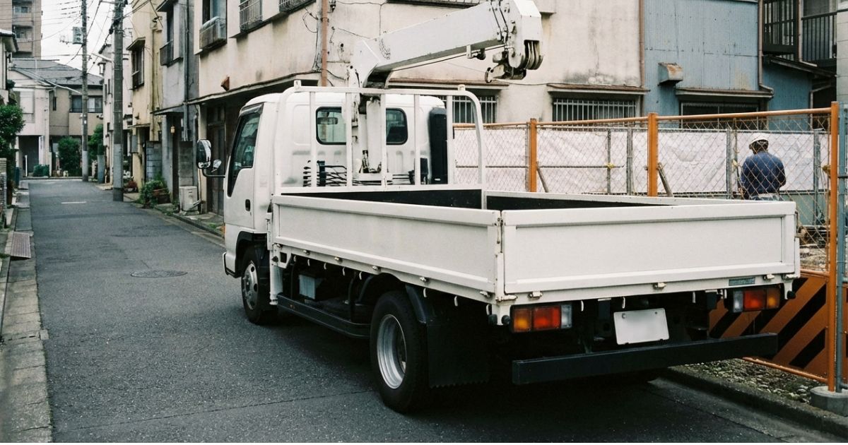 2tユニック車が現場到着前に待機しており、レンタル料金や見積条件を検討するイメージ