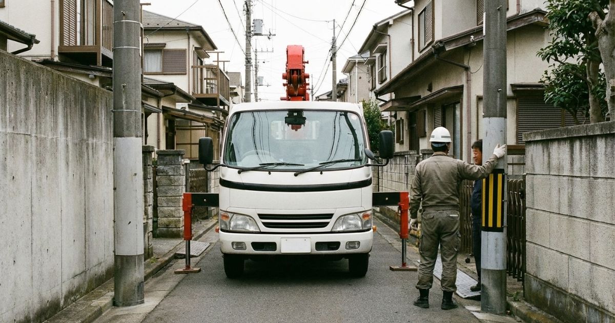2tユニック車が狭い現場で停車位置を確認しており、アウトリガー設置条件を検討している様子