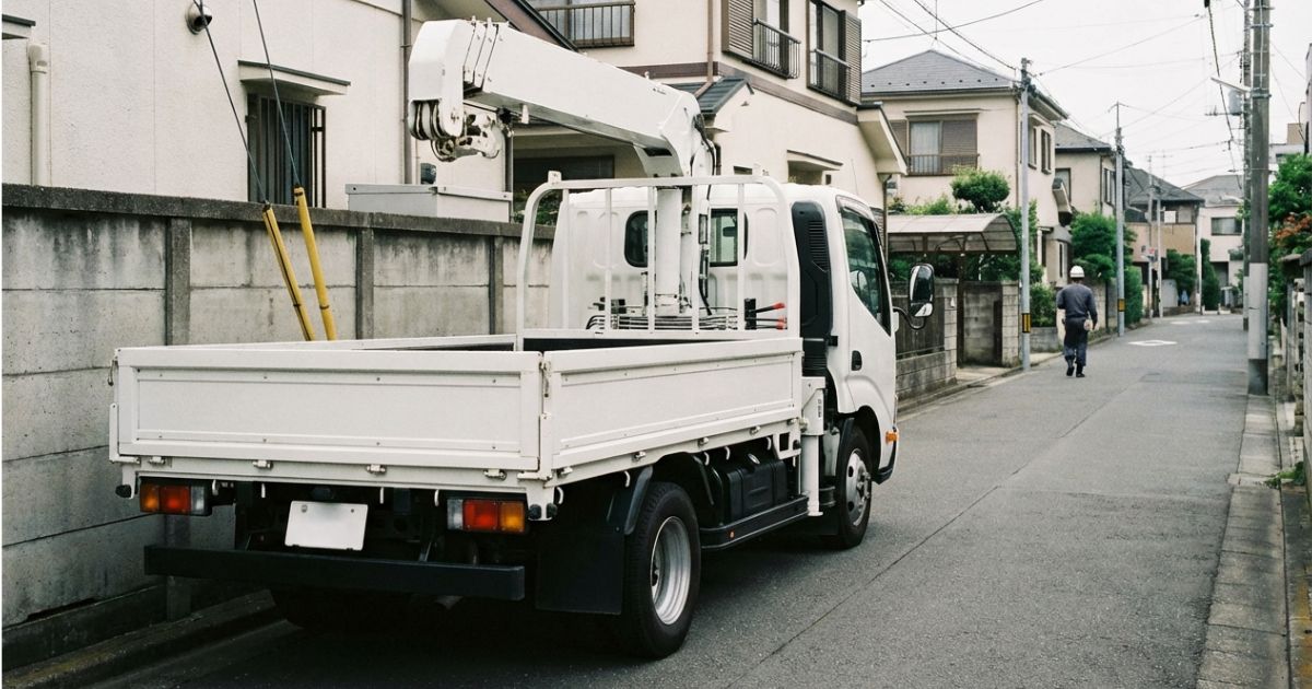住宅地の狭い道路に2tユニック車が停止しており、進入しやすいサイズ感が伝わる様子