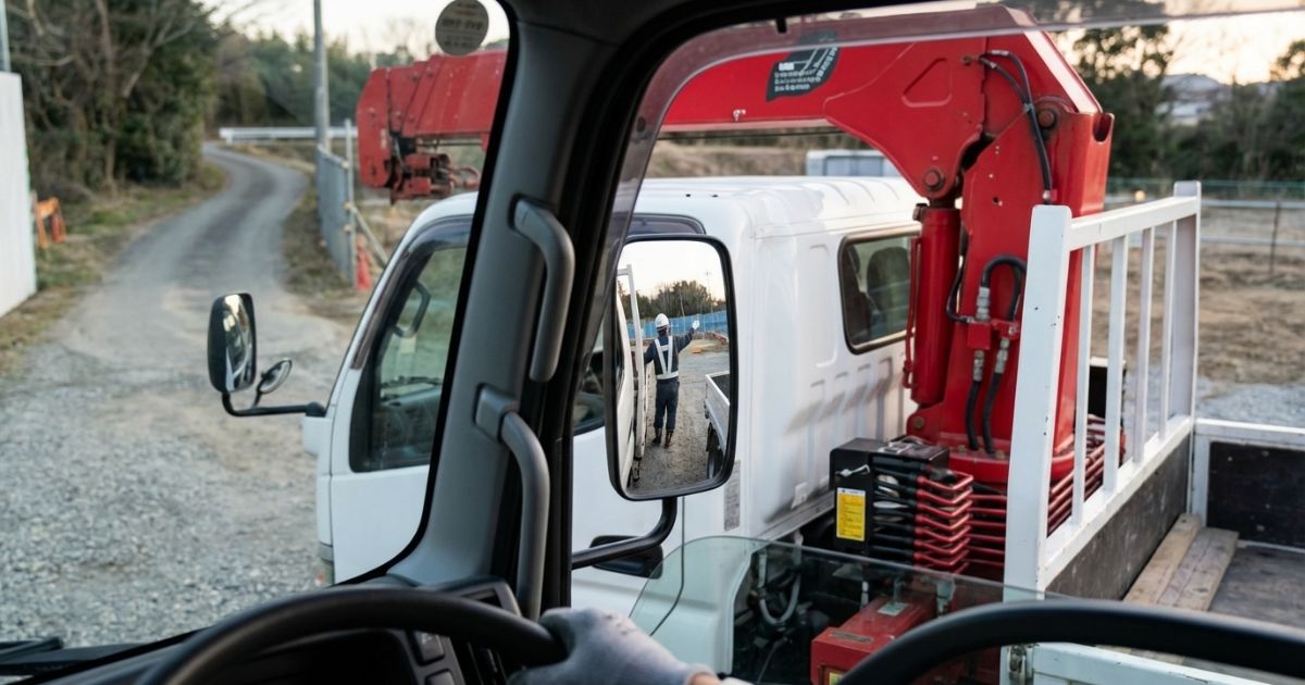 2tユニックの停車位置と置き位置の距離を確認し、作業半径で成立可否を判断している場面