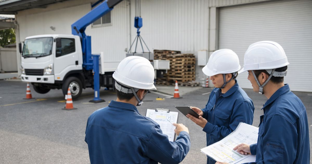2tユニック作業前に役割分担と安全条件を確認している現場イメージ