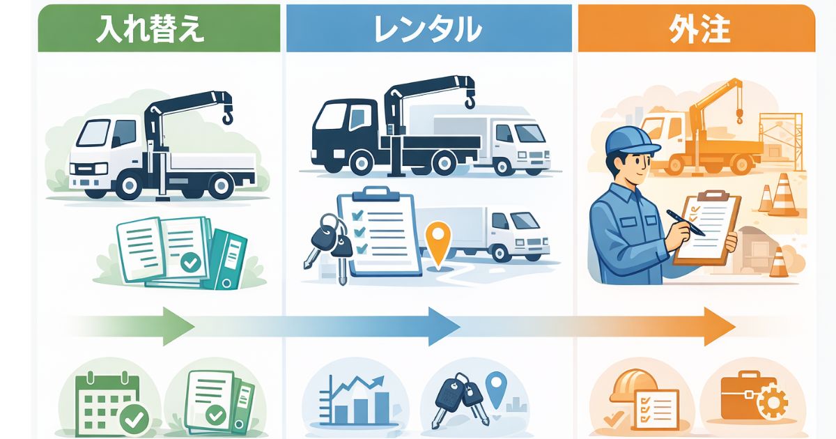 売却後の入れ替えとレンタルと外注の違いを整理した比較図