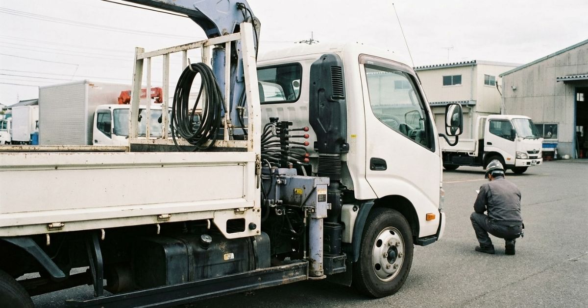 中古2tユニック車のクレーン装置と油圧まわりを現車確認している様子