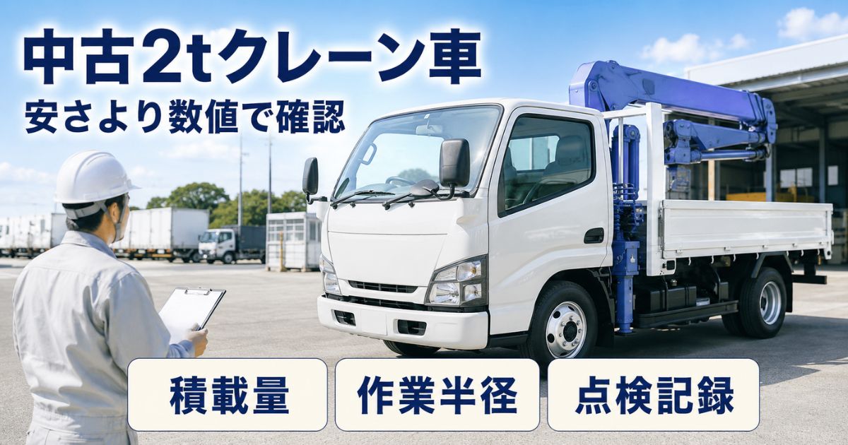 中古2tクレーン付きトラックを前に、積載量・作業半径・点検記録を確認する作業担当者