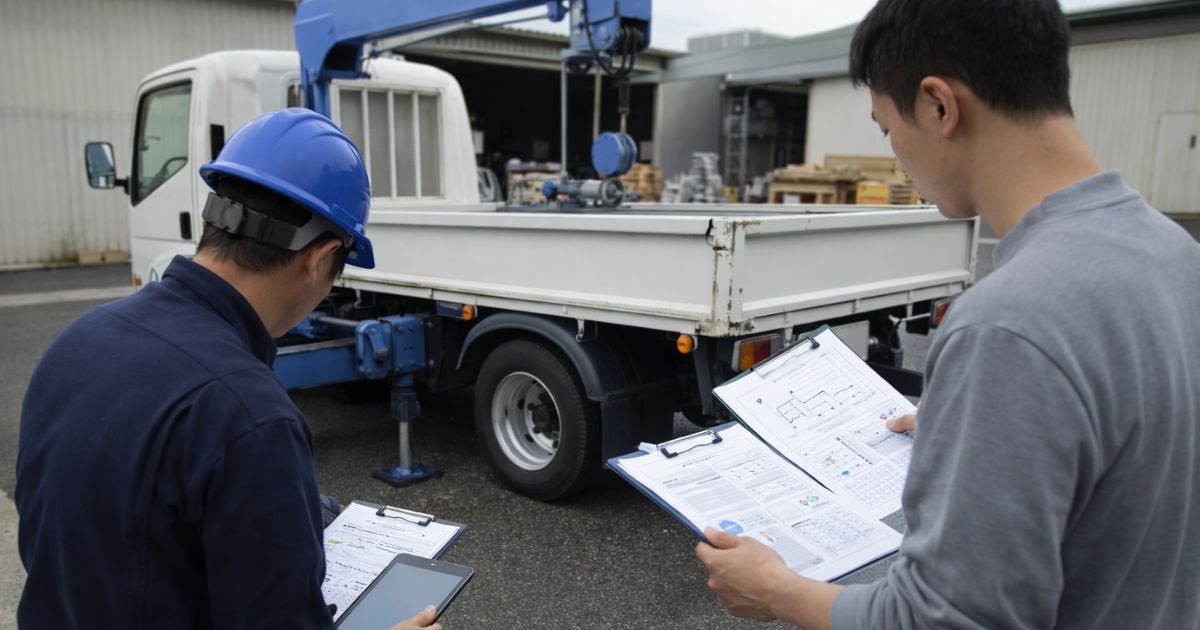 中古2tユニックの現車確認で書類と車両状態を照合している現場イメージ