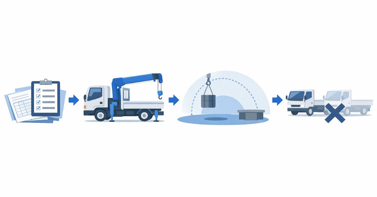 中古2tユニック購入時の確認順を示したフロー図