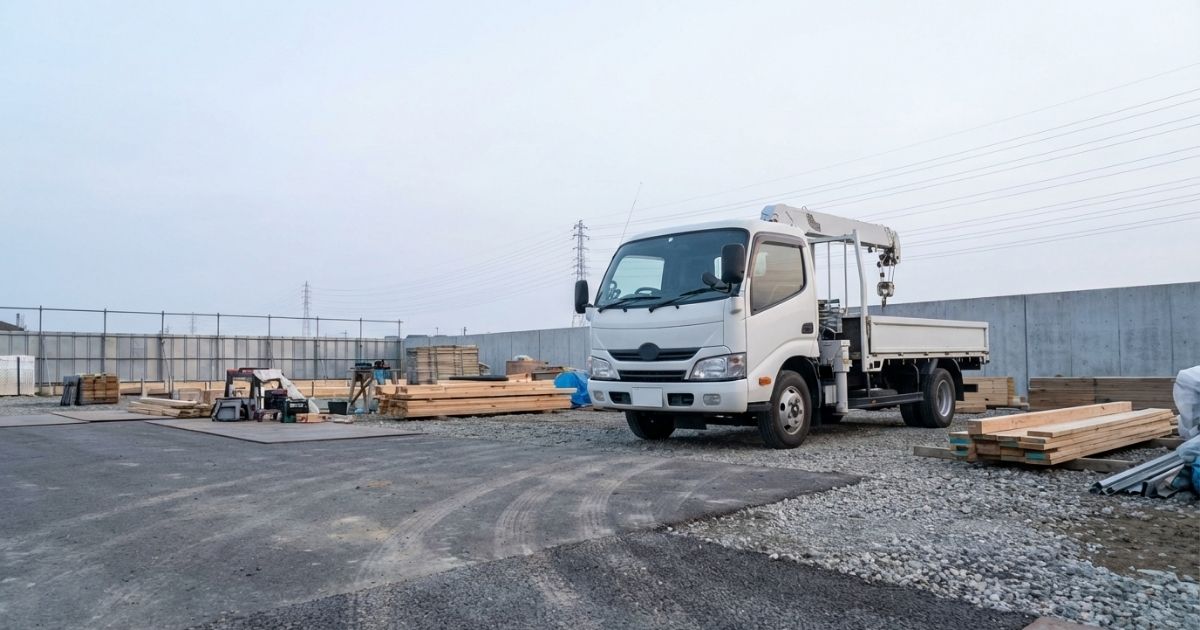 作業開始前の現場で段取り確認を行う2tユニック車のイメージ写真