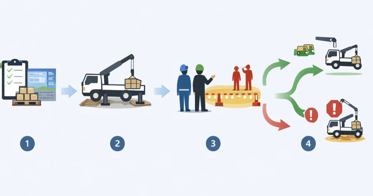 2tユニック作業前の安全確認と中止判断の流れを示す図解