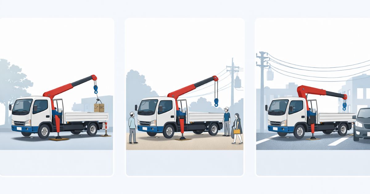 2tユニックが向く現場と注意が必要な現場、不向きな現場の比較図