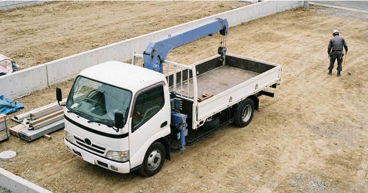 2tユニック車の成立条件を確認している様子（作業半径・設置スペース・体制の確認）