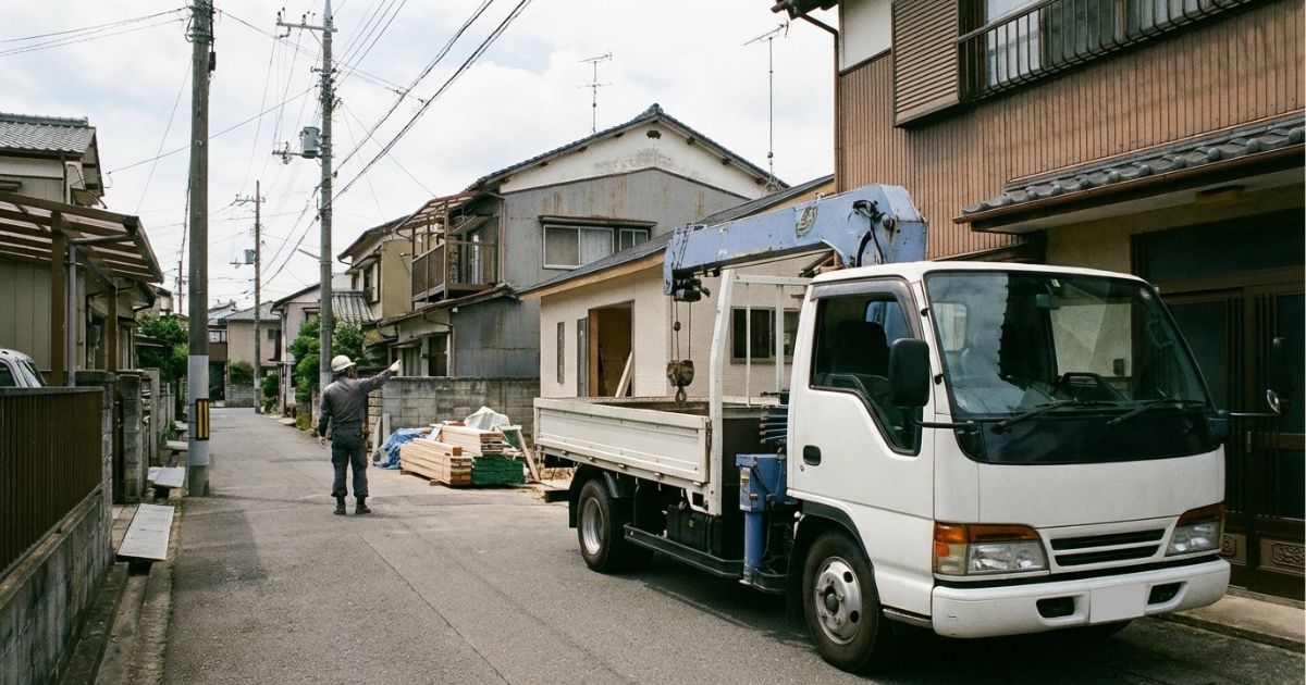2tユニック車で小規模な吊り作業を行う業務をイメージできる現場の様子